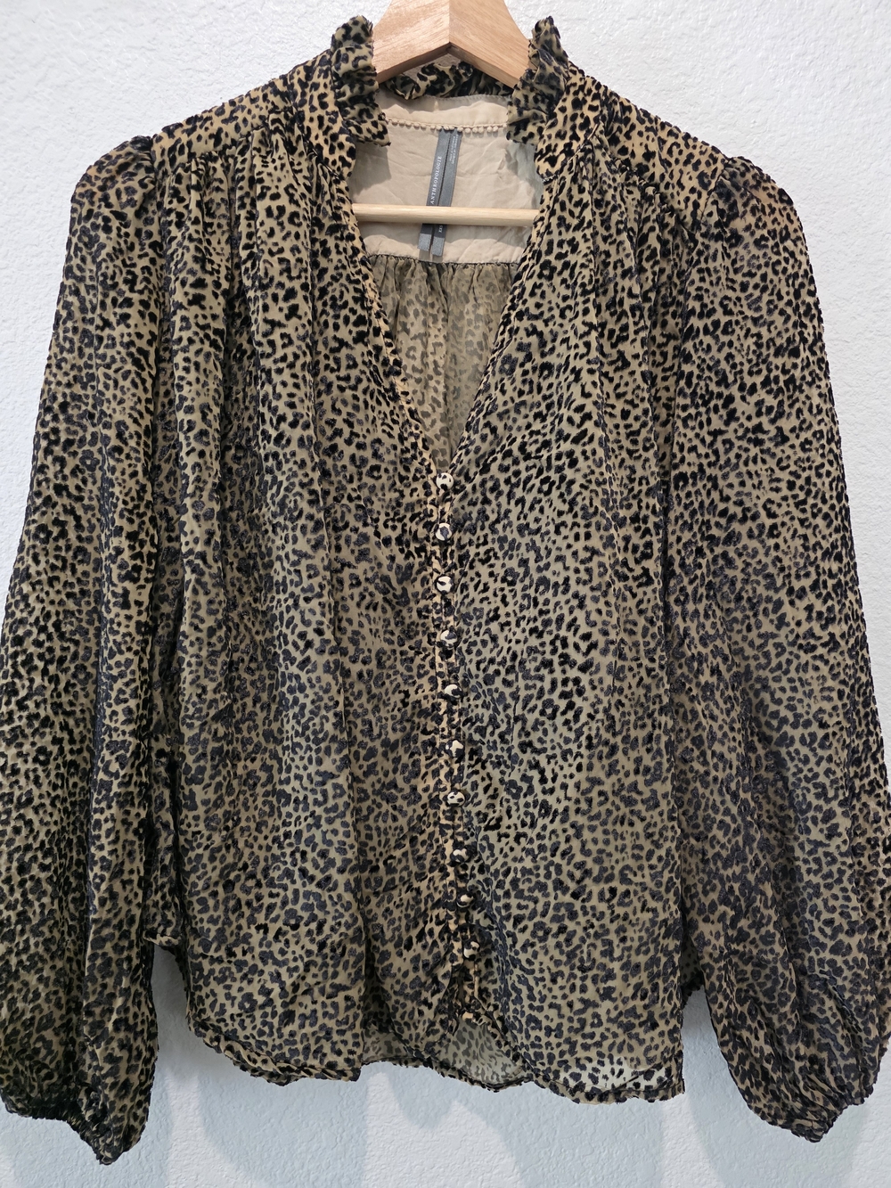 Anthropologie Leopard Print Ruffle-Trim Blouse - Tan & Black